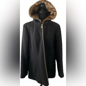 Womens ANNE KLEIN Black Wool Blend Coat Animal Print Faux Fur Hood Zip Front  XL